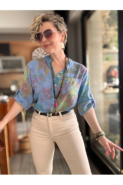 Ragazza Yaprak Desen İtalyan Gömlek İndigo