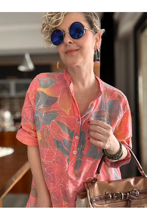 Ragazza Yaprak Desen İtalyan Gömlek Mercan