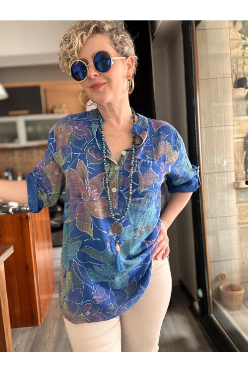 Ragazza Yaprak Desen İtalyan Gömlek Sax