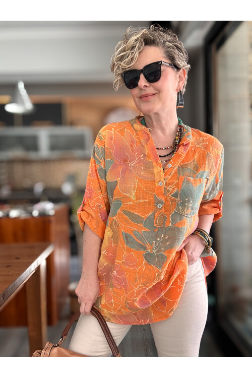Ragazza Yaprak Desen İtalyan Gömlek Turuncu