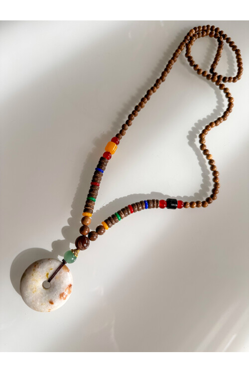 Raja Doğal Taş Etnik Cam Bambu Kolye Ekru