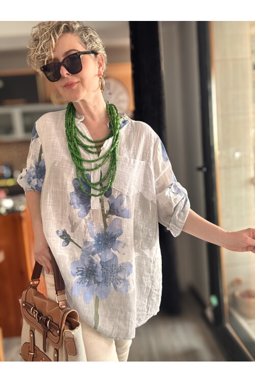 Randa Yaprak Desen İtalyan Gömlek Beyaz