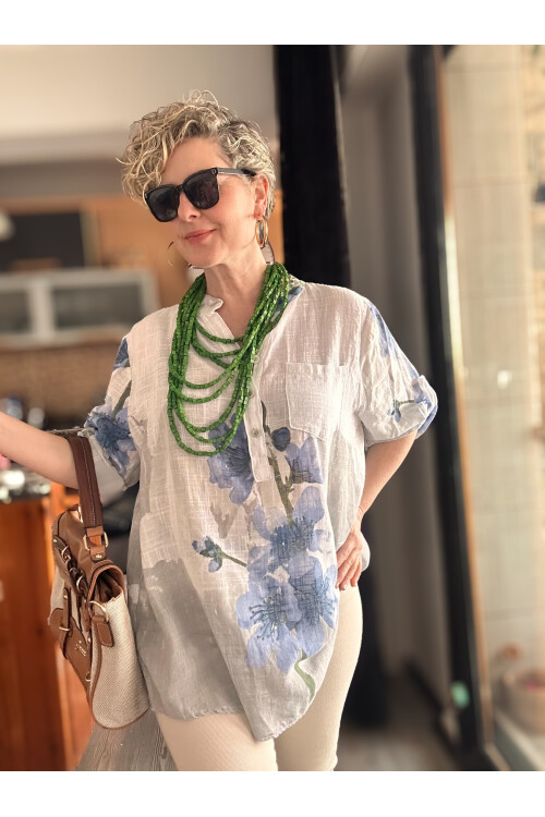 Randa Yaprak Desen İtalyan Gömlek Beyaz