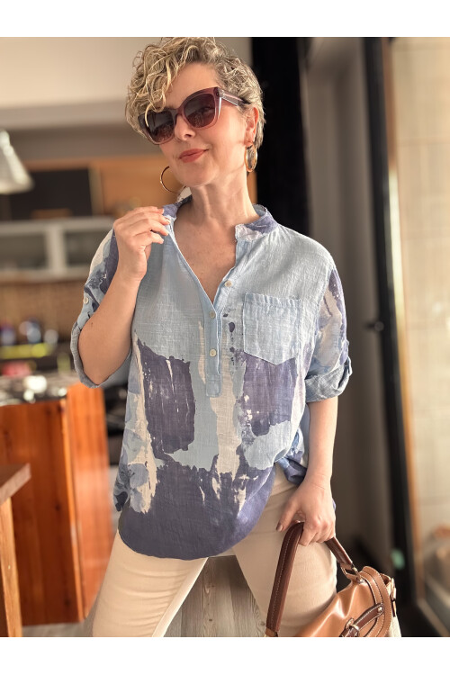 Randa Yaprak Desen İtalyan Gömlek Mavi