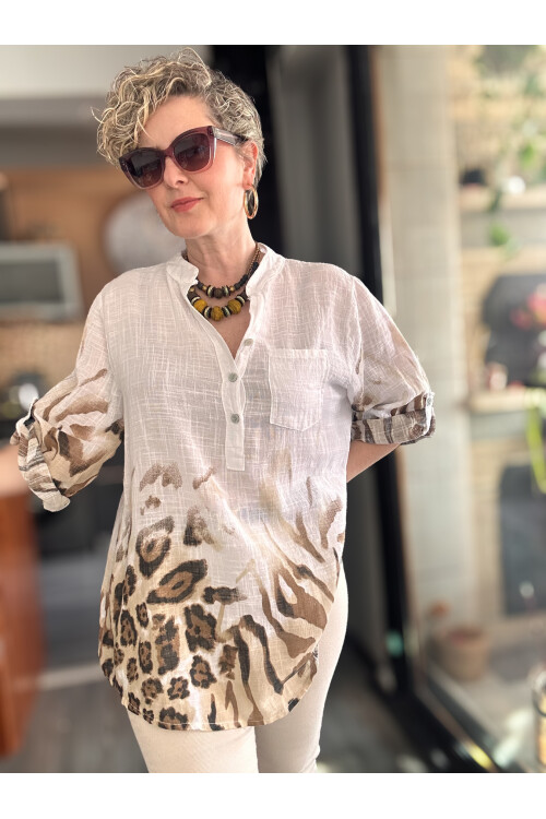 Rassi Leopar Desen İtalyan Gömlek Beyaz