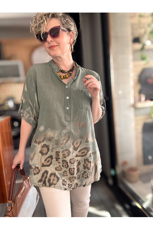 Rassi Leopar Desen İtalyan Gömlek Haki