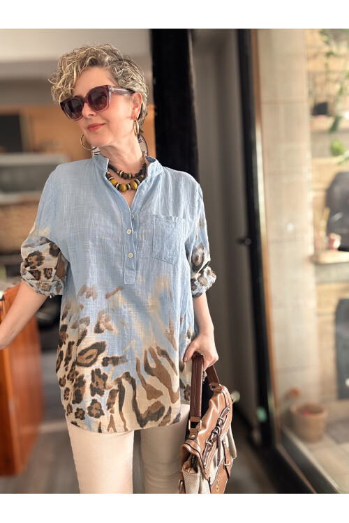 Rassi Leopar Desen İtalyan Gömlek Mavi