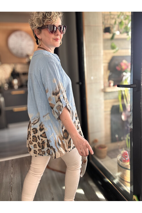 Rassi Leopar Desen İtalyan Gömlek Mavi