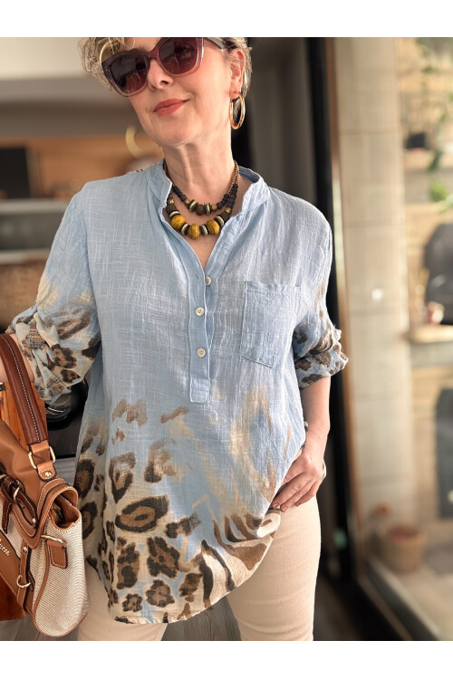Rassi Leopar Desen İtalyan Gömlek Mavi