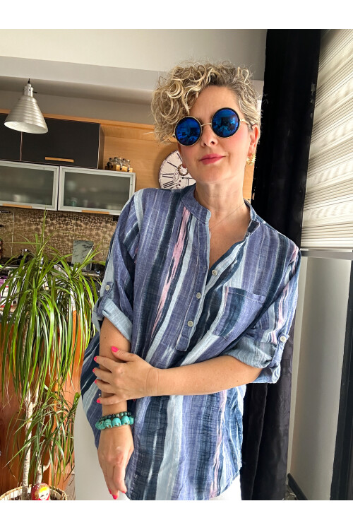 Razza Batik Çizgi Desen İtalyan Gömlek İndigo