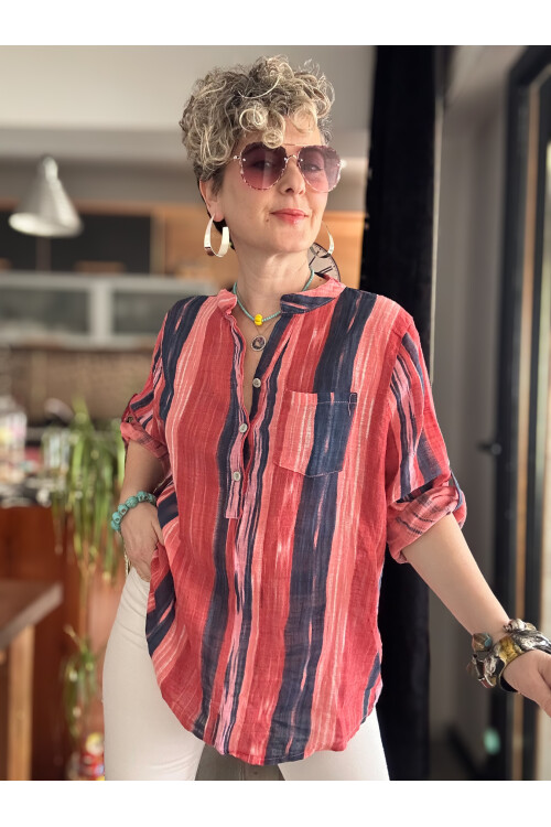 Razza Batik Çizgi Desen İtalyan Gömlek Mercan