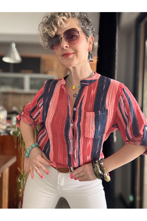 Razza Batik Çizgi Desen İtalyan Gömlek Mercan