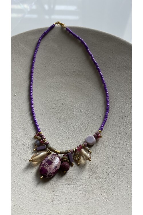 Reteg Pirinç Cam Doğal Taş Etnik Kolye