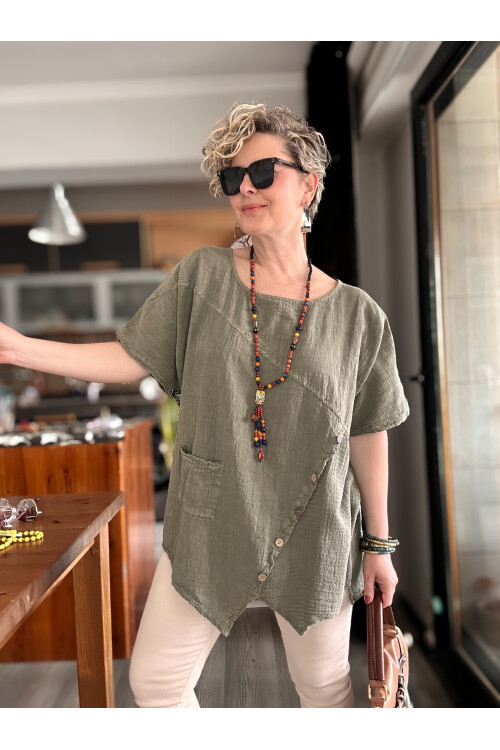 Rosas Tasarım Çapraz Düğme Detay Bluz Haki