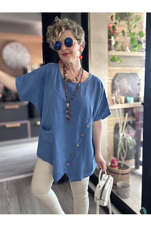 Rosas Tasarım Çapraz Düğme Detay Bluz Mavi