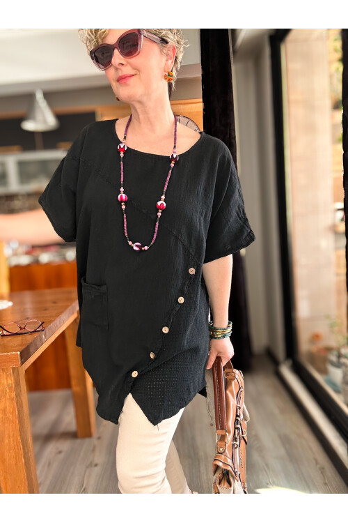 Rosas Tasarım Çapraz Düğme Detay Bluz Siyah