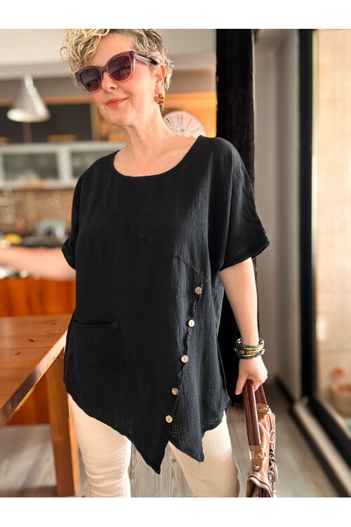 Rosas Tasarım Çapraz Düğme Detay Bluz Siyah