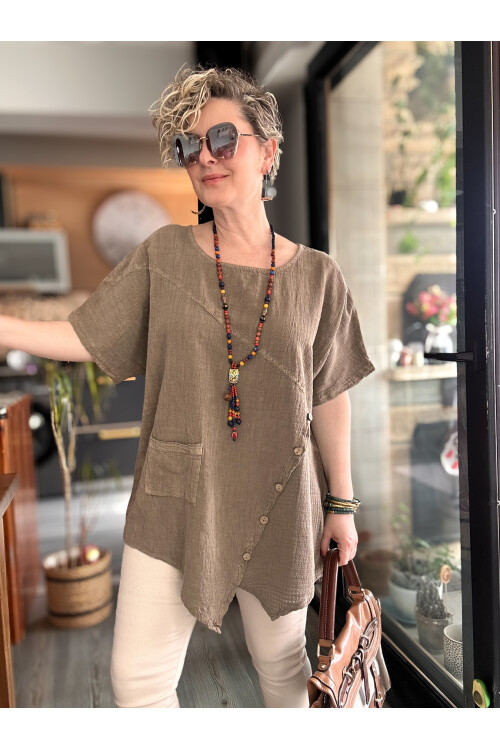 Rosas Tasarım Çapraz Düğme Detay Bluz Vizon