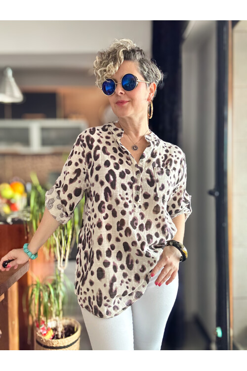 Rosella Yeni Leopar Desen İtalyan Gömlek Bej