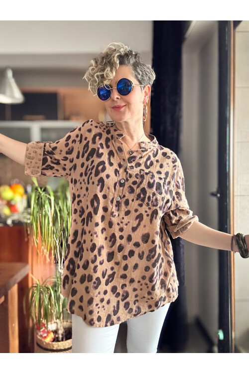 Rosella Yeni Leopar Desen İtalyan Gömlek Cappuccino