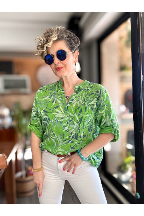 Sassa Küçük Yaprak Desen İtalyan Gömlek Yeşil