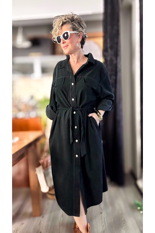 Savi İtalyan Gömlek Yaka İnce Fitil Kadife Elbise Siyah