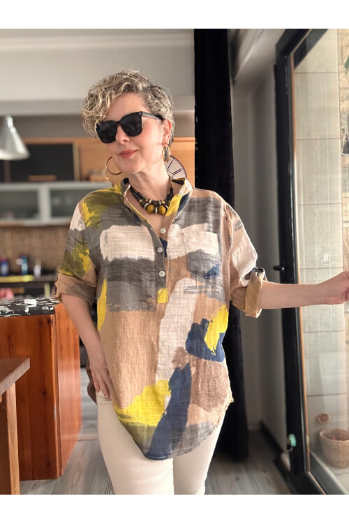 Senso Patchwork Desen İtalyan Gömlek Cappucino