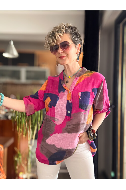 Senso Patchwork Desen İtalyan Gömlek Fuşya