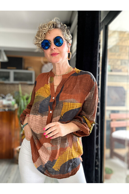 Senso Patchwork Desen İtalyan Gömlek Kahve