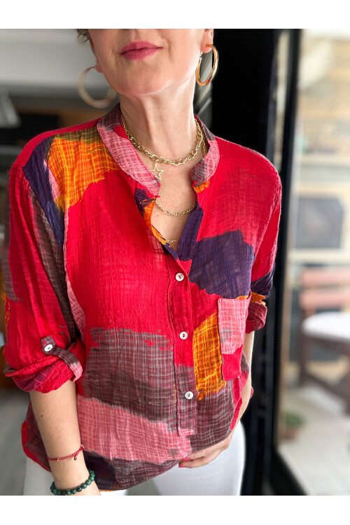 Senso Patchwork Desen İtalyan Gömlek Kırmızı