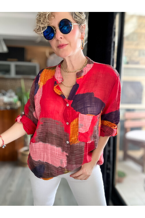 Senso Patchwork Desen İtalyan Gömlek Kırmızı