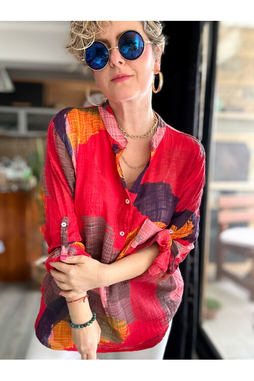 Senso Patchwork Desen İtalyan Gömlek Kırmızı