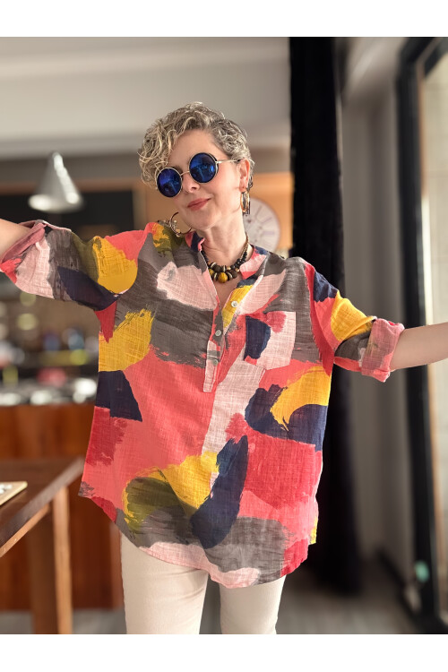 Senso Patchwork Desen İtalyan Gömlek Mercan