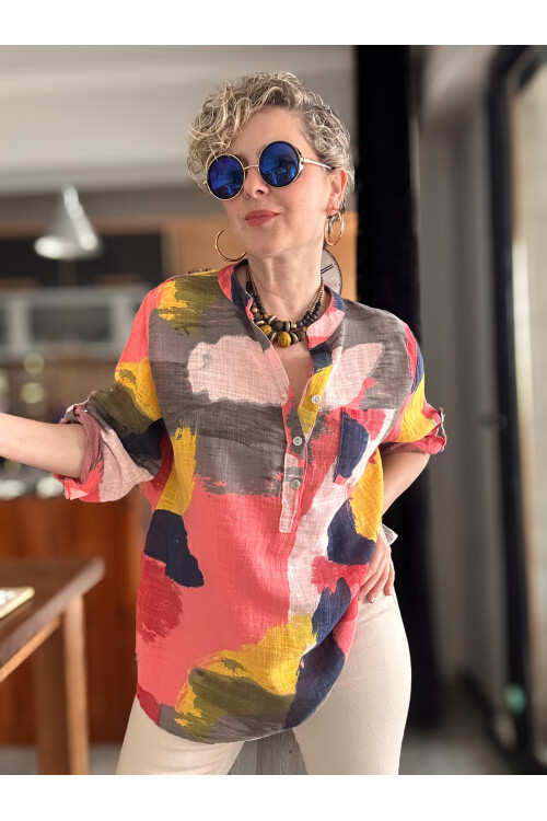 Senso Patchwork Desen İtalyan Gömlek Mercan