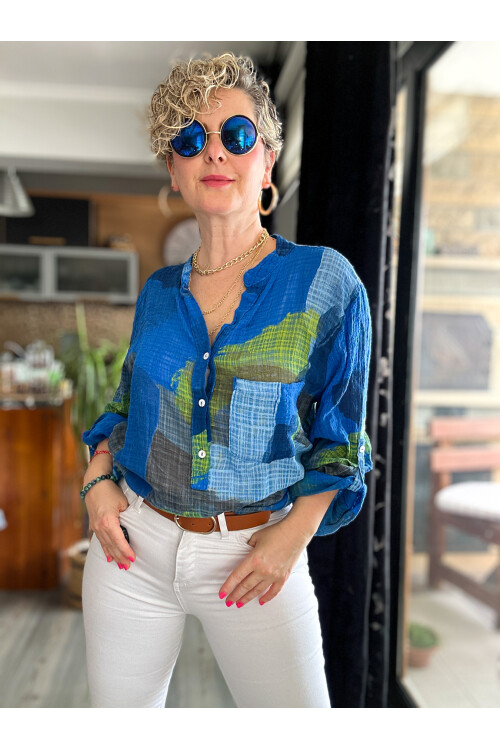 Senso Patchwork Desen İtalyan Gömlek Saks