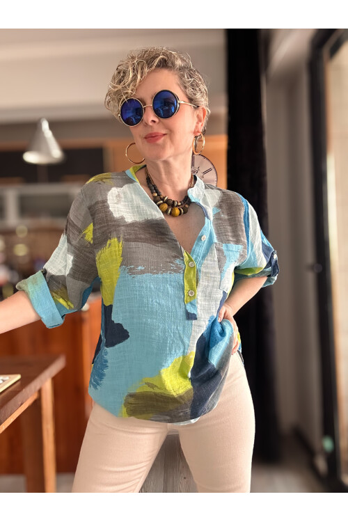 Senso Patchwork Desen İtalyan Gömlek Turkuaz