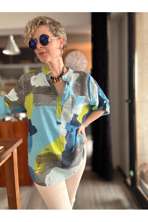 Senso Patchwork Desen İtalyan Gömlek Turkuaz