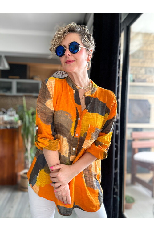 Senso Patchwork Desen İtalyan Gömlek Turuncu