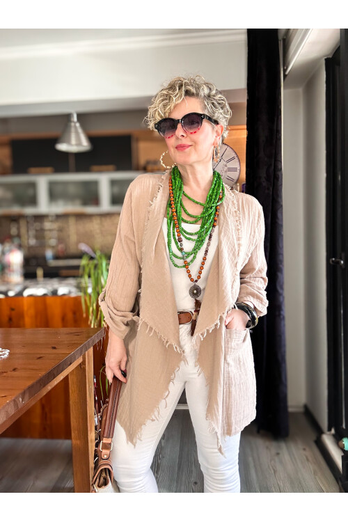 Sissi Tasarım Saçak Detaylı Müslin Ceket Taş