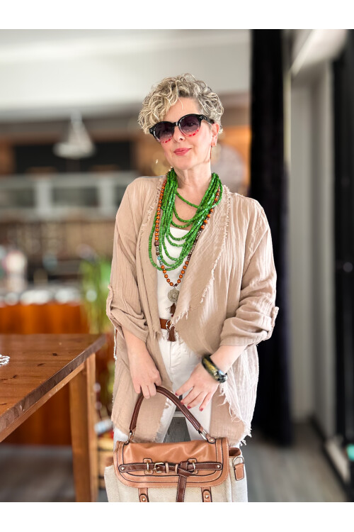 Sissi Tasarım Saçak Detaylı Müslin Ceket Taş