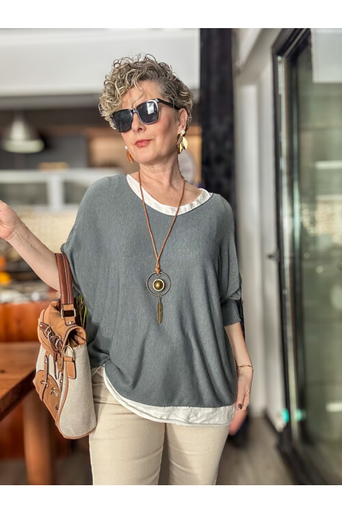 Sista Kolye Detay İtalyan Triko Bluz Grey