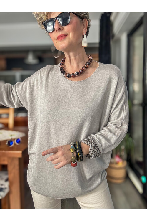 Sosa İtalyan Leopar Desen Yuvarlak Yaka Triko Beige