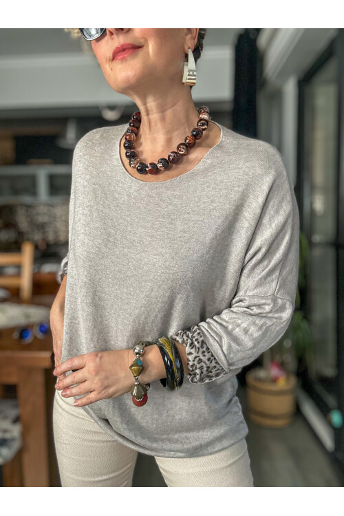 Sosa İtalyan Leopar Desen Yuvarlak Yaka Triko Beige