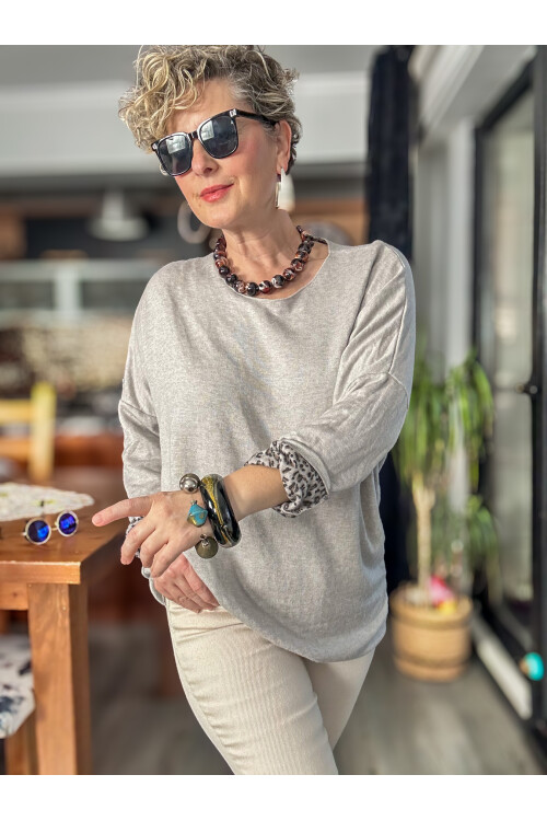 Sosa İtalyan Leopar Desen Yuvarlak Yaka Triko Beige