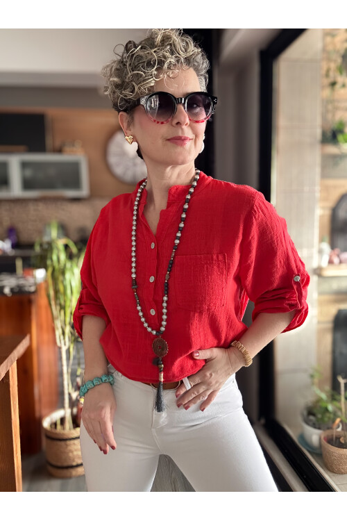 Testa İtalyan Tek Cep Gömlek Nar Çiçeği