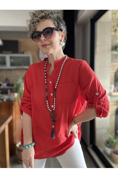 Testa İtalyan Tek Cep Gömlek Nar Çiçeği