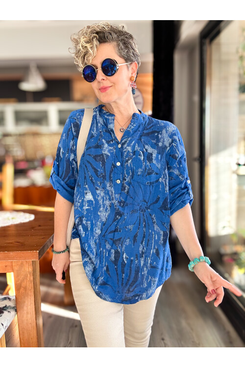 Uva Spiral Desen İtalyan Gömlek Sax Mavi