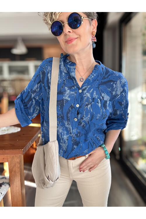 Uva Spiral Desen İtalyan Gömlek Sax Mavi