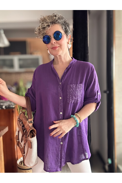 Venti Cep ve Şerit Pul Detay İtalyan Gömlek Mor