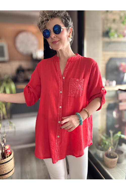 Venti Cep ve Şerit Pul Detay İtalyan Gömlek Nar Çiçeği